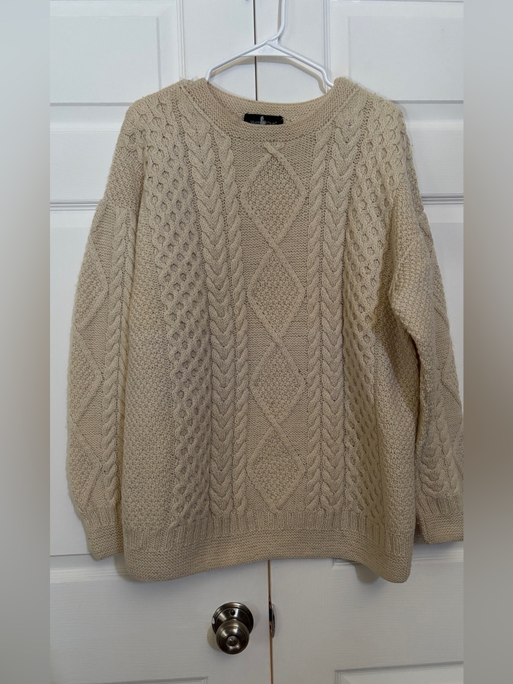 Hunt Club Men’s M 100% Wool Cable Knit Fisherman Sweater Cream Ivory Vintage